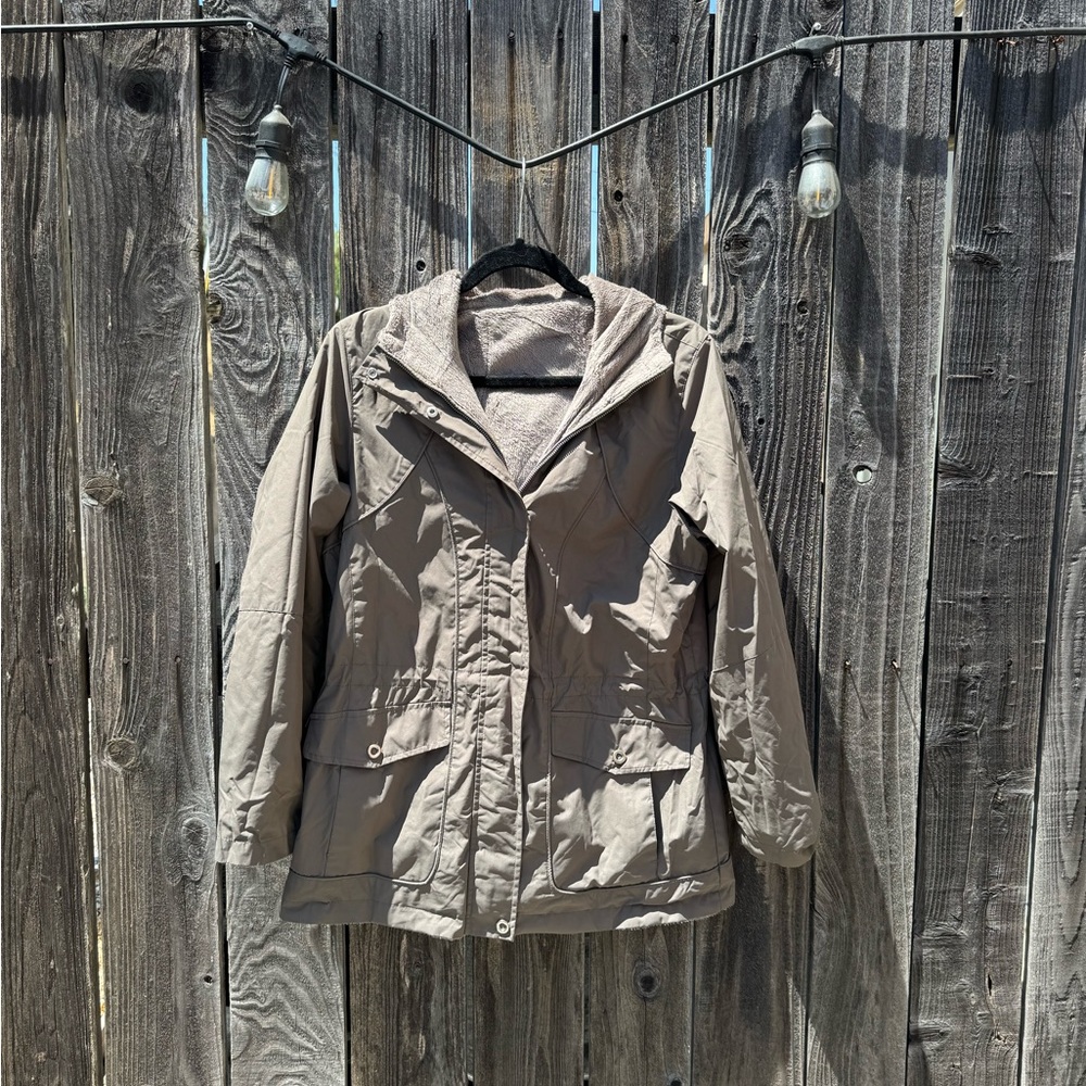 Free Country Grey Green Faux Fur Full Zip Reversible Hooded Anorak Jacket small
